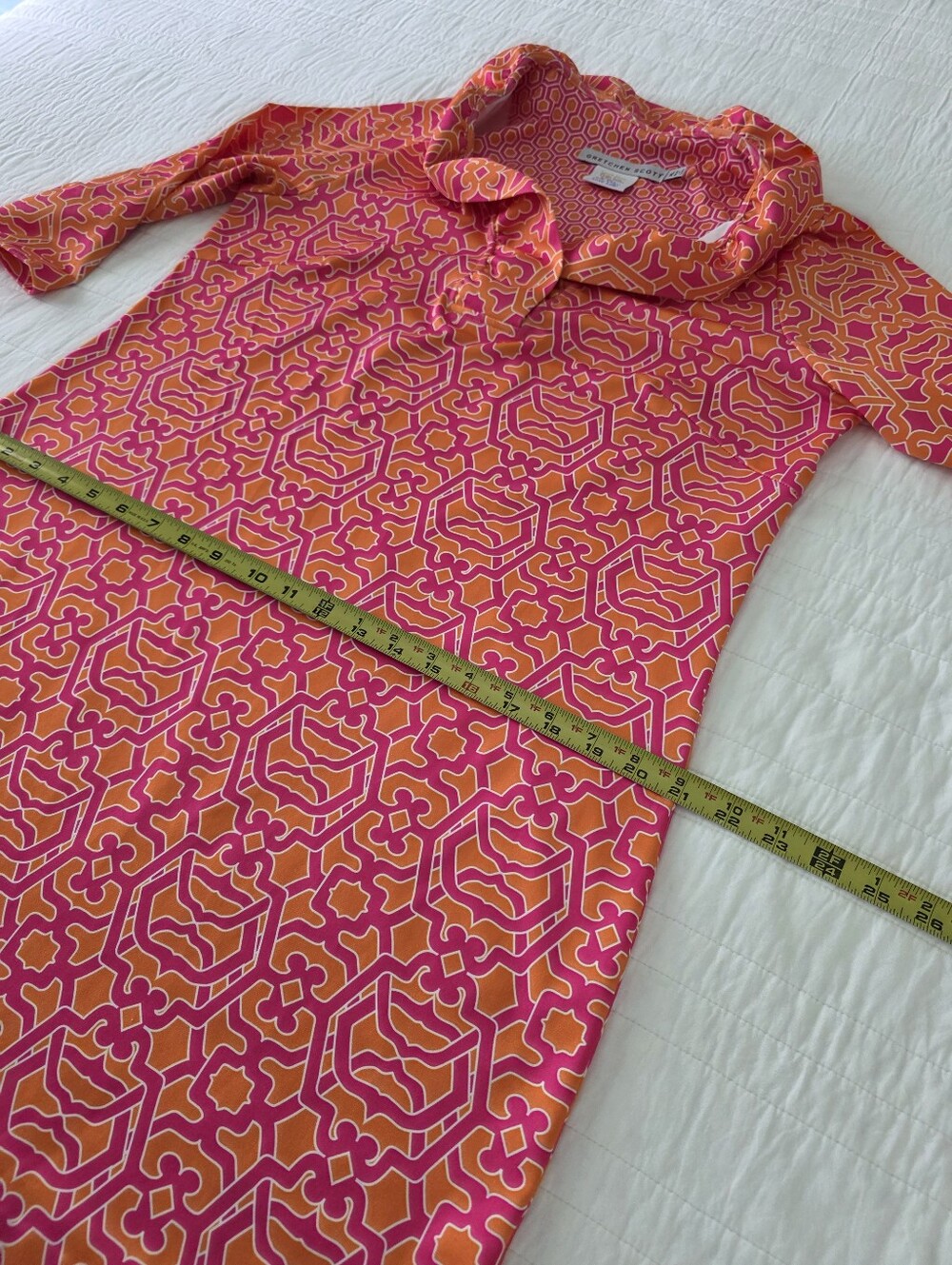 Gretchen Scott Ruffle Neck In Rio Grace Pink and Orange Patterned Dress - Picture 10 of 16